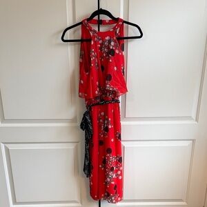 Elegant Poppy Red Floral Midi Dress with Black and White Accents